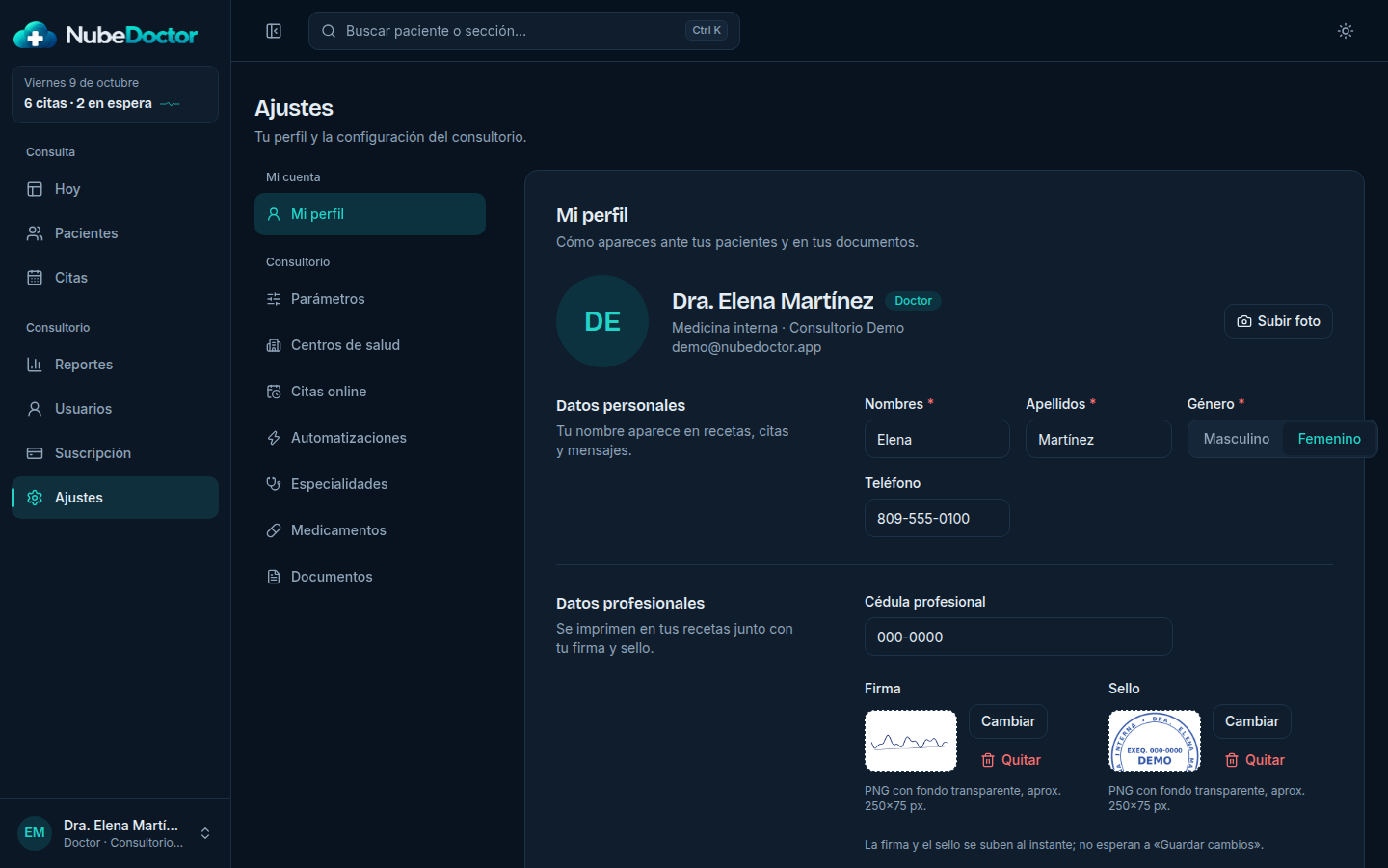 Ajustes del perfil profesional con firma y sello