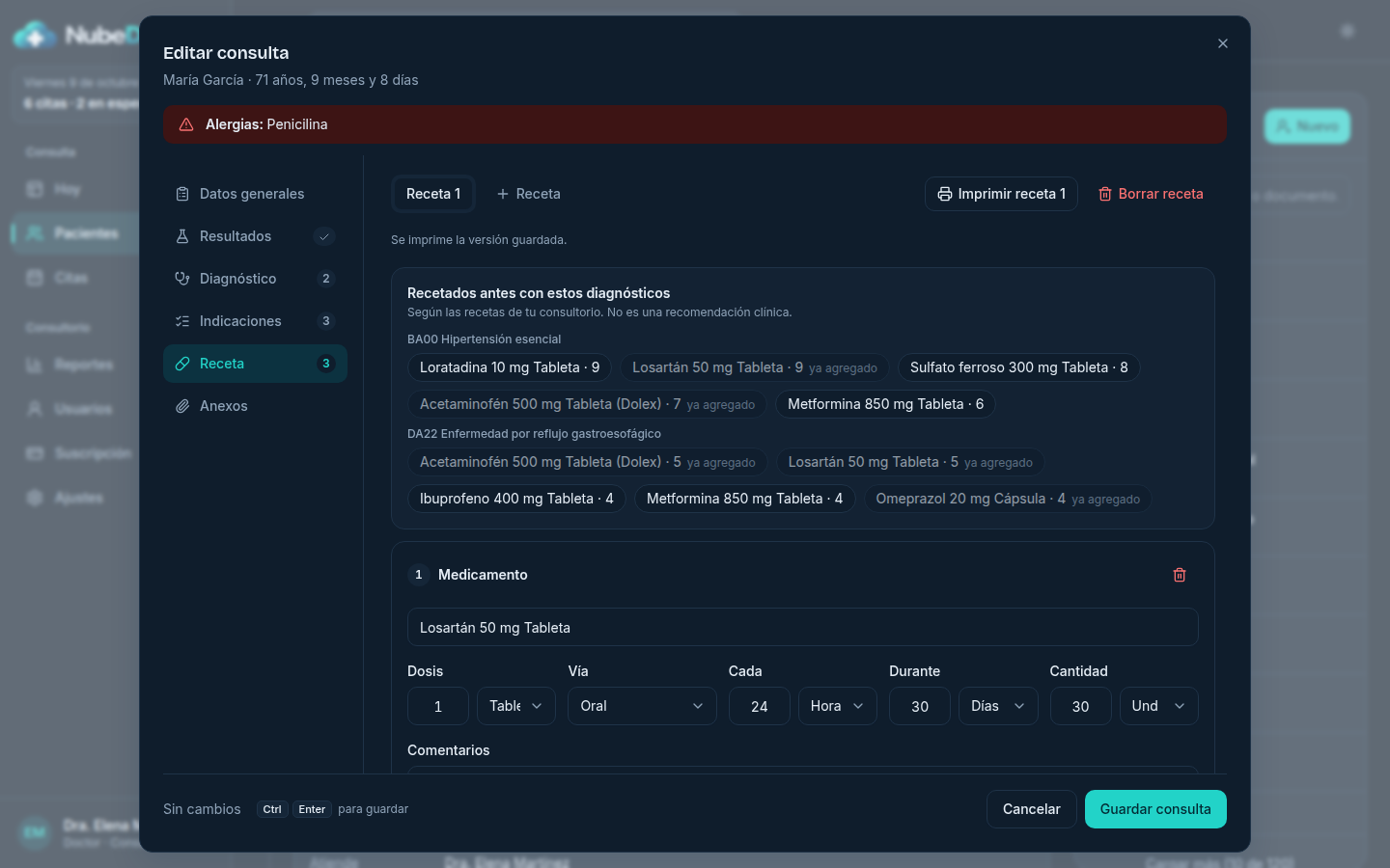 Editor de receta con sugerencias del vademécum
