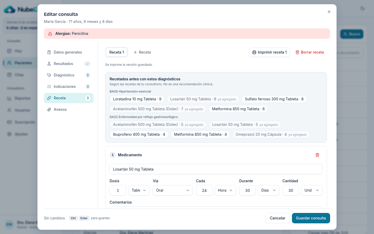 Editor de receta con sugerencias del vademécum