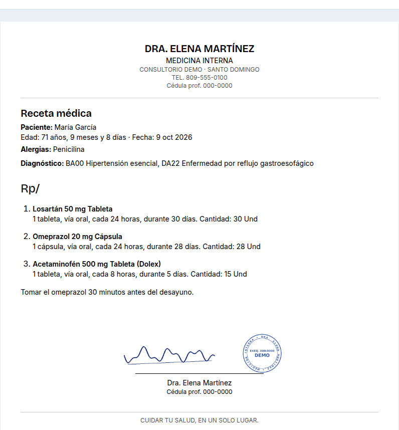 Receta impresa con membrete, firma y sello del médico