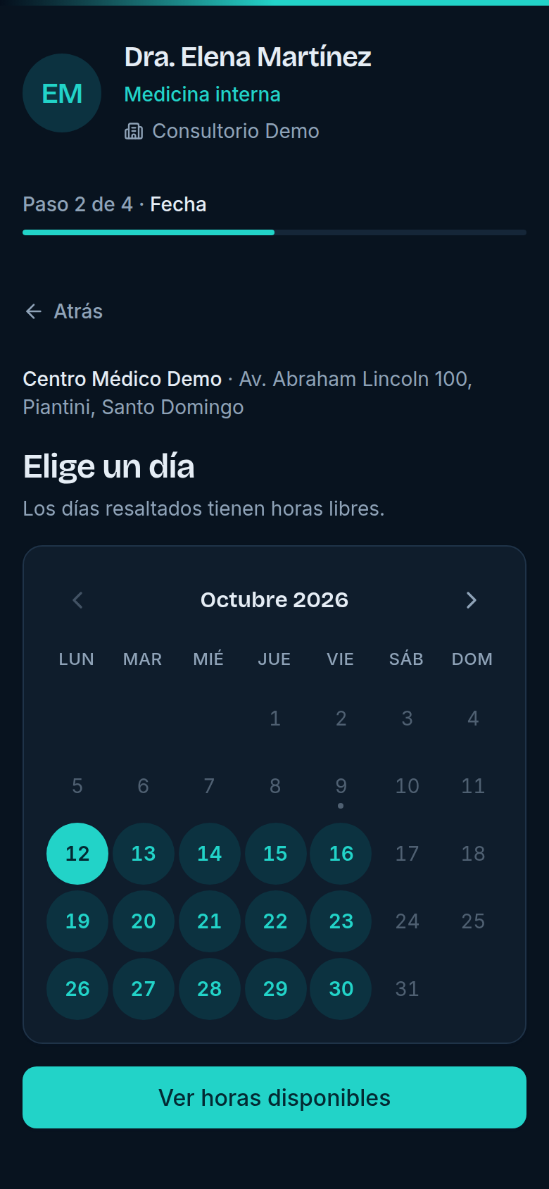 Página pública de reserva de citas en un celular