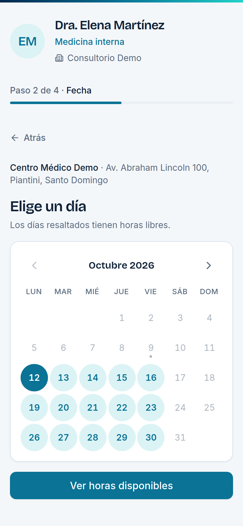 Página pública de reserva de citas en un celular